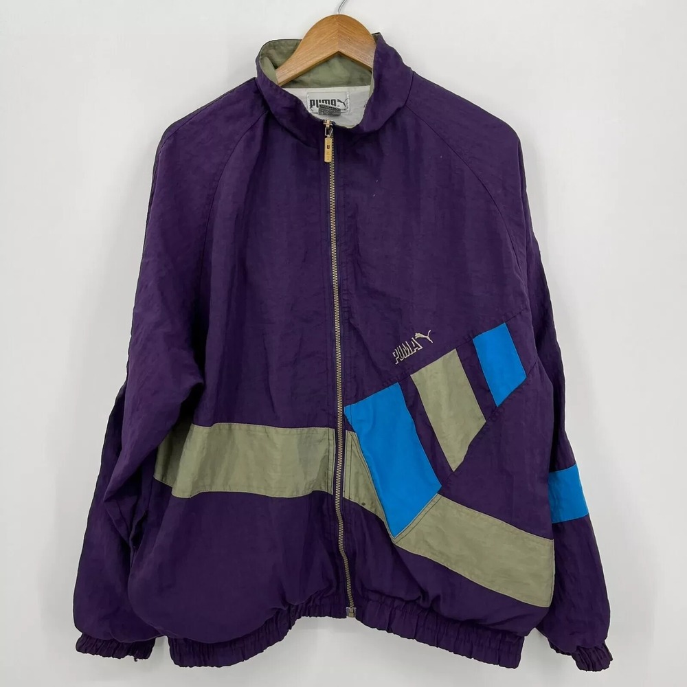 Puma Windbreaker Jacket Men's Size L Purple Full Zip Track Lined Logo Vtg 90s